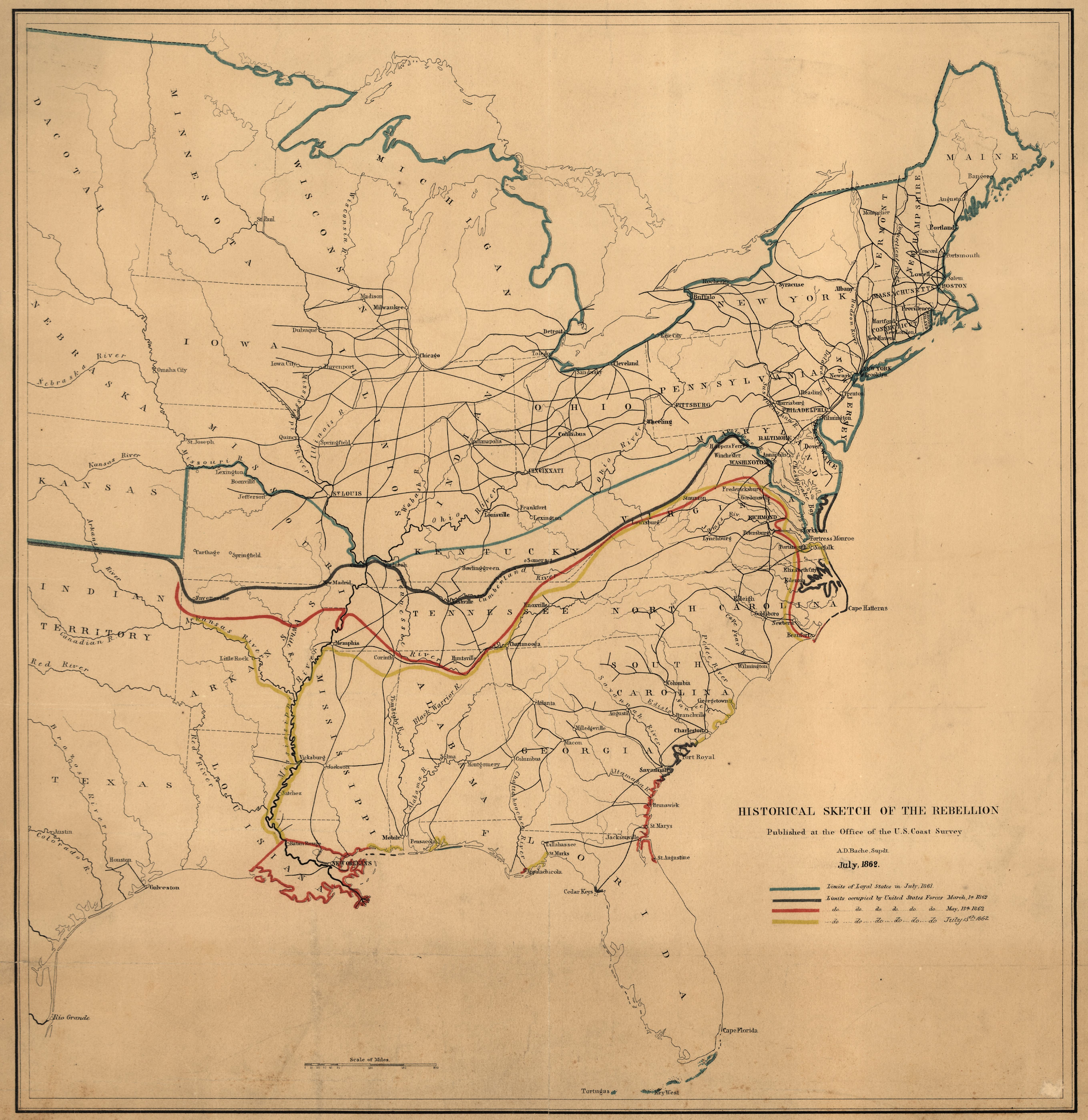 An 1862 Coast Survey map of the eastern United States with state boundaries and colored wartime frontiers.