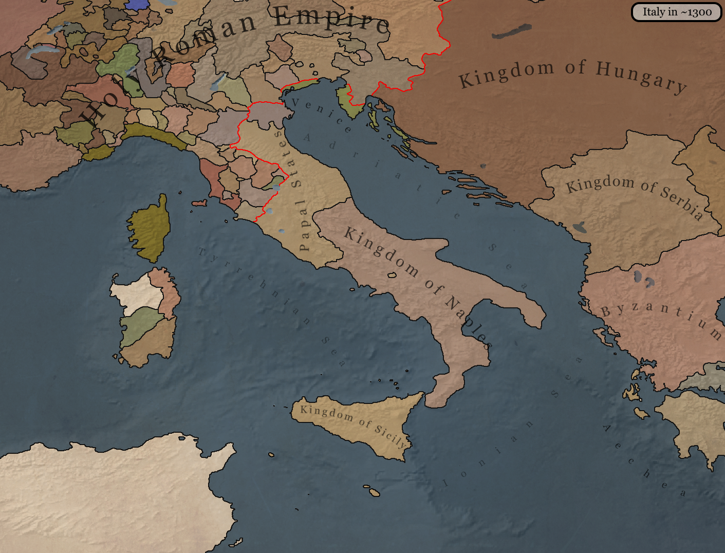 A reconstruction of the political geography of Italy around Danteโs lifetime.