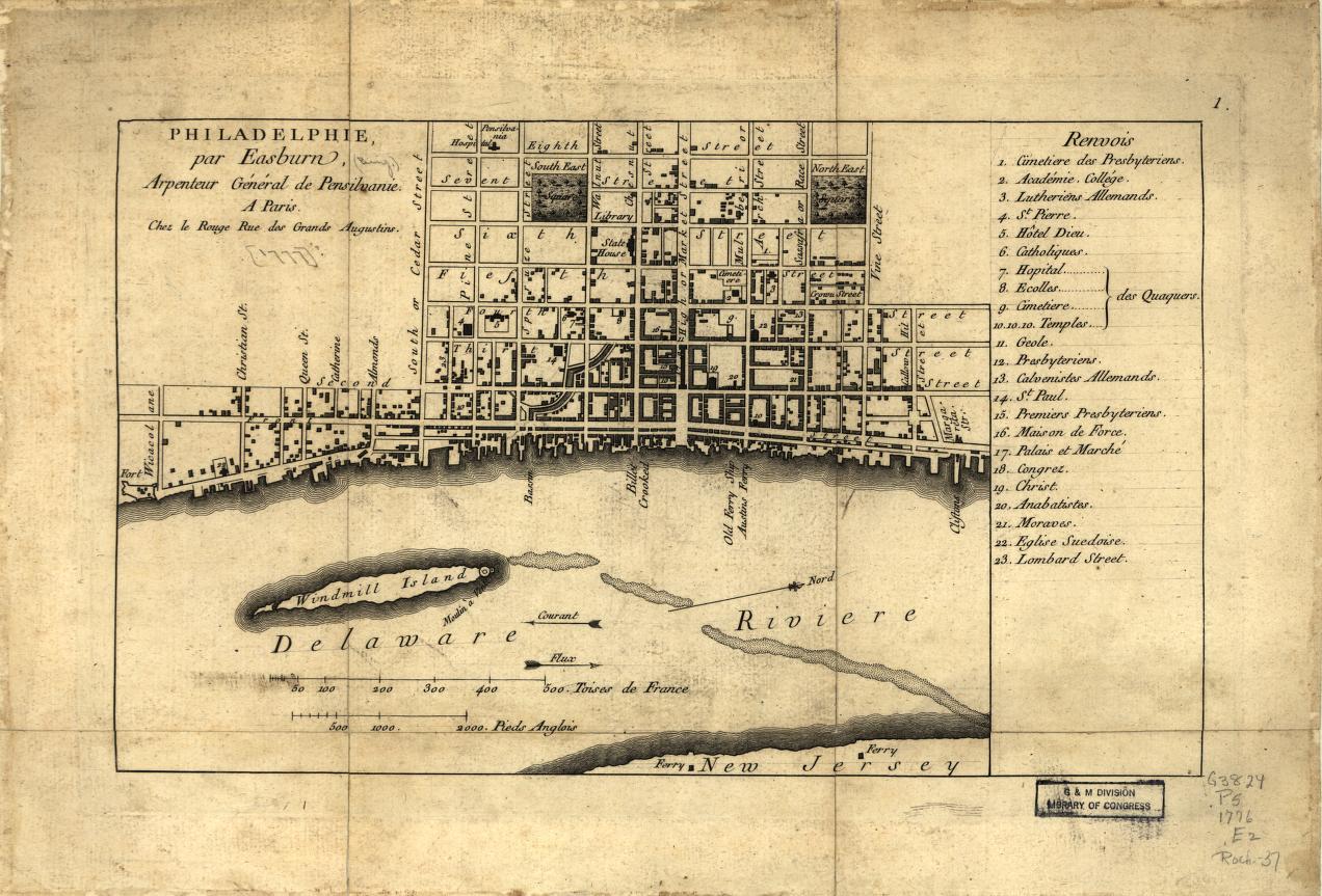 A 1776 plan of Philadelphia showing the State House, streets and Delaware waterfront.