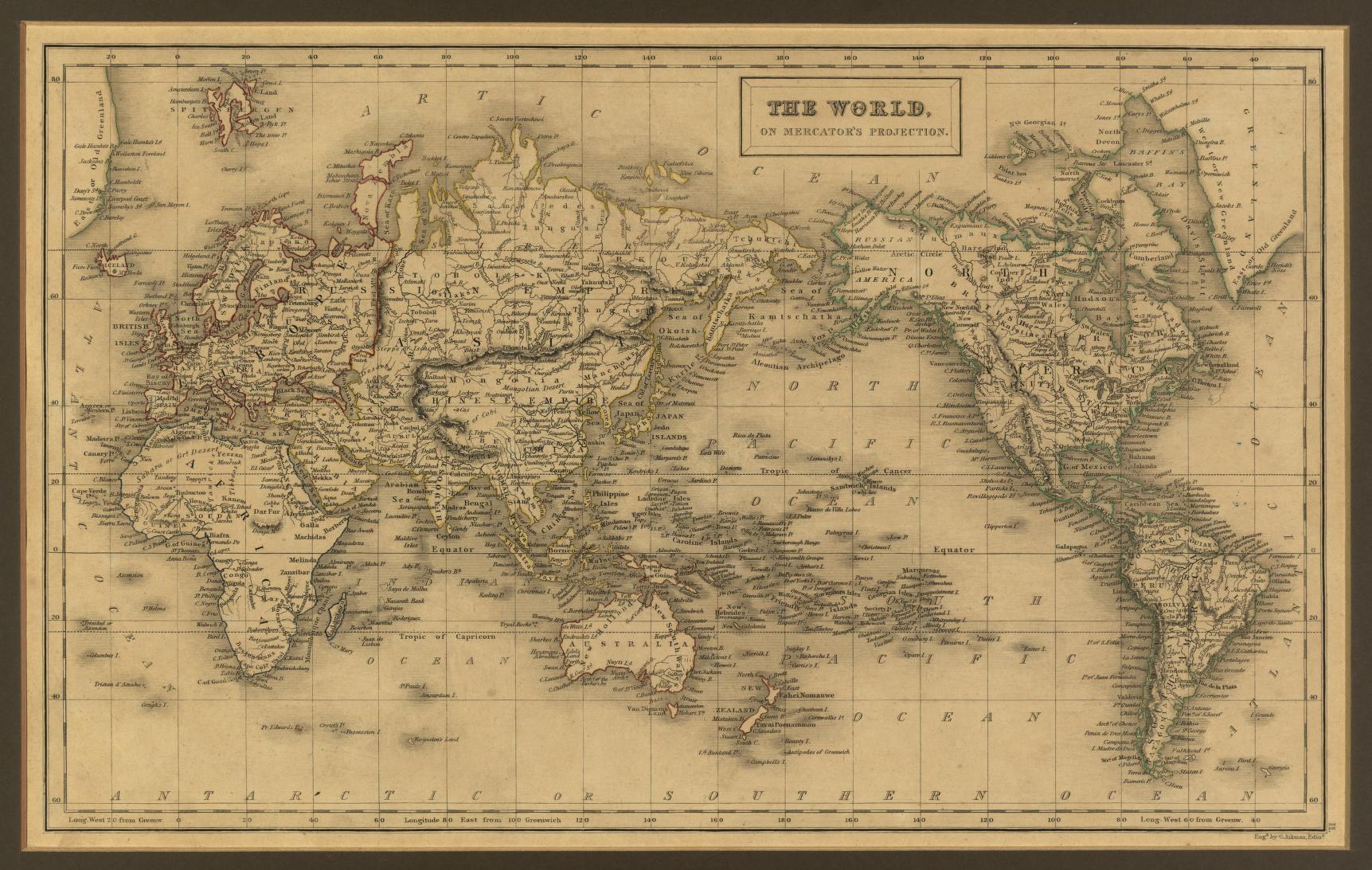 An 1840 atlas map showing Europe and North America, the regions in Poe’s journey.